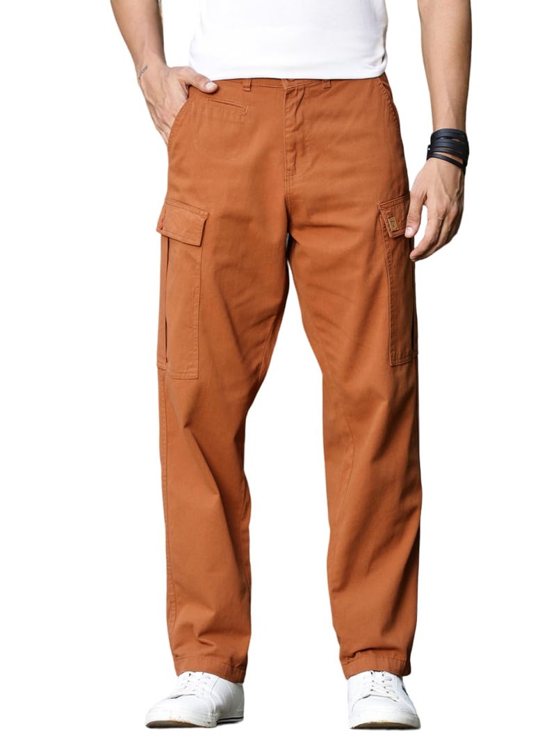 Thomas Scott Men's | Straight Fit | Mid-Rise | 100% Cotton | Solid | Button Closure | 7 Pockets | Woven | Cargo | Trouser (TSB030_Rust_30) - Image 1