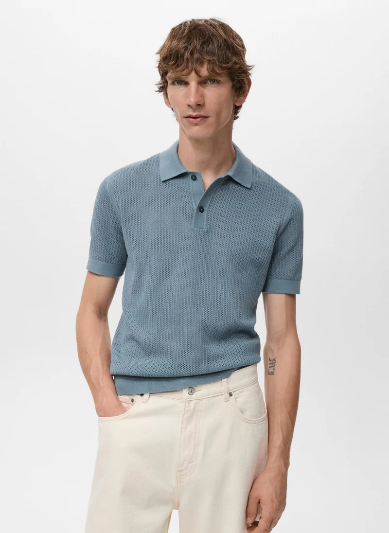 Mango Man Openwork knitted cotton polo shirt