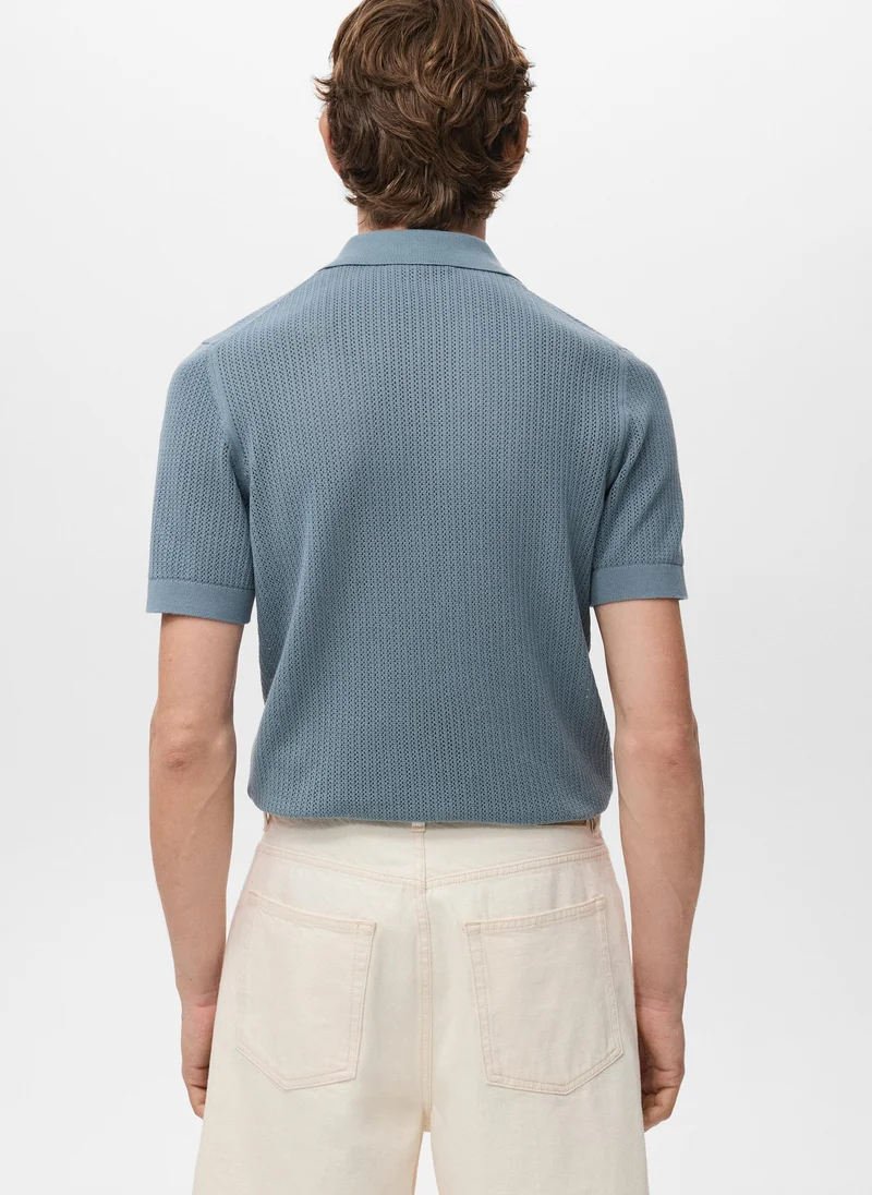 Mango Man Openwork knitted cotton polo shirt
