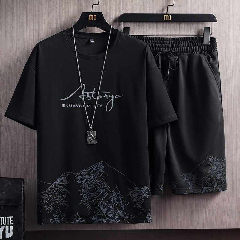 Loose Short Sleeve T-Shirt Set for Men Summer Fashionable Korean Style Casual Wear Polyester Fiber Short Pants Comfortable Ya Xuefeng suit Black 
