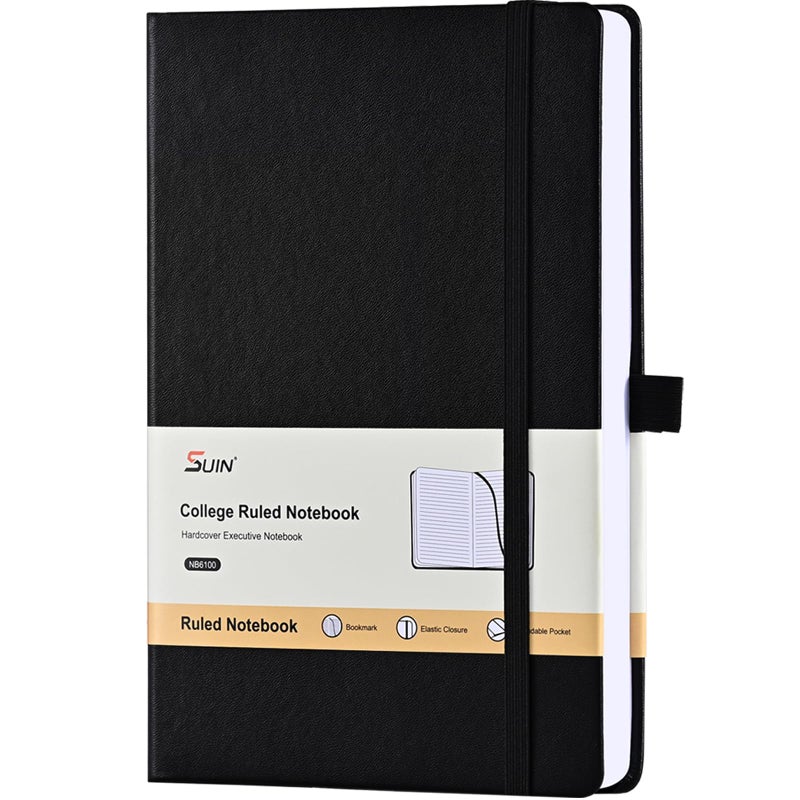 SUIN Lined Journal Notebook, Leather Hardcover Journal for Work, School, Travel, 100 GSM Paper, 160 Pages, 5.5x8.3 Inch, College Ruled, Black, 1-Pack - Image 1