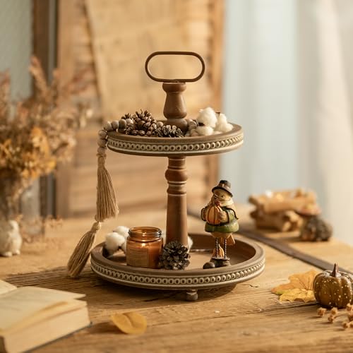 Hanobe Two Tiered Tray Stand: Thanksgiving 2 Tier Decorative Trays for Coffee Table Decor - Round Boho Display Stands for Christmas Home Living Room Kitchen Centerpieces, Vintage - Image 3