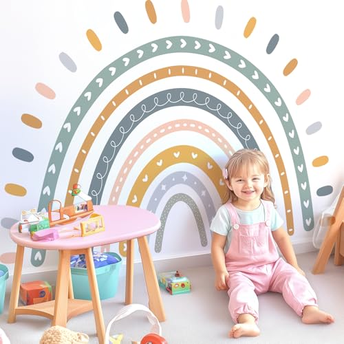 Kingarch Large Cute Rainbow Wall Decals, Boho Sun Peel and Stick Fabric Nursery Wall Decor, Removable Home Room Wall Decor Murals Stickers for Kids Girls Toddler Bedroom Living Room Playroom - Image 1