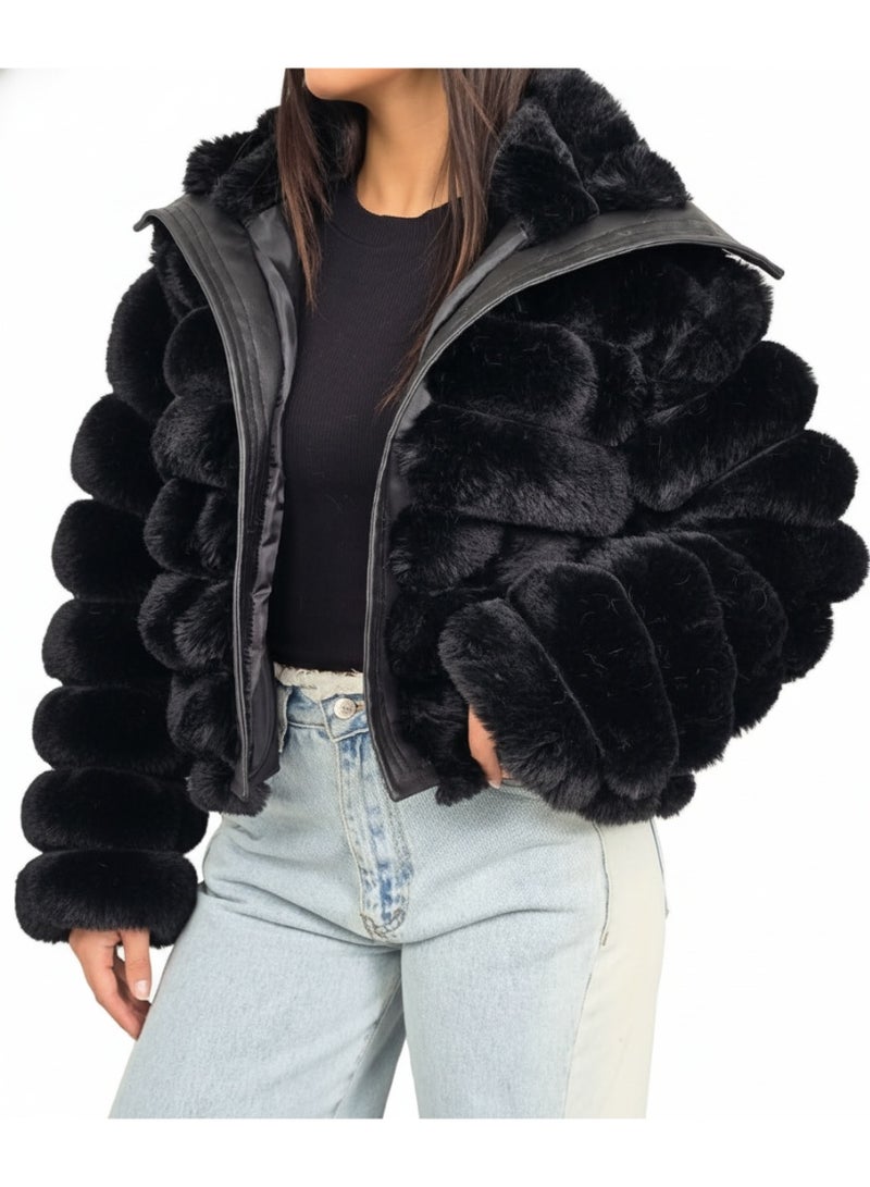 Fur-lined satin jacket with leather trim – Oversized, high-waisted design – High-quality imported material – One size fits up to 80 kg - Image 1