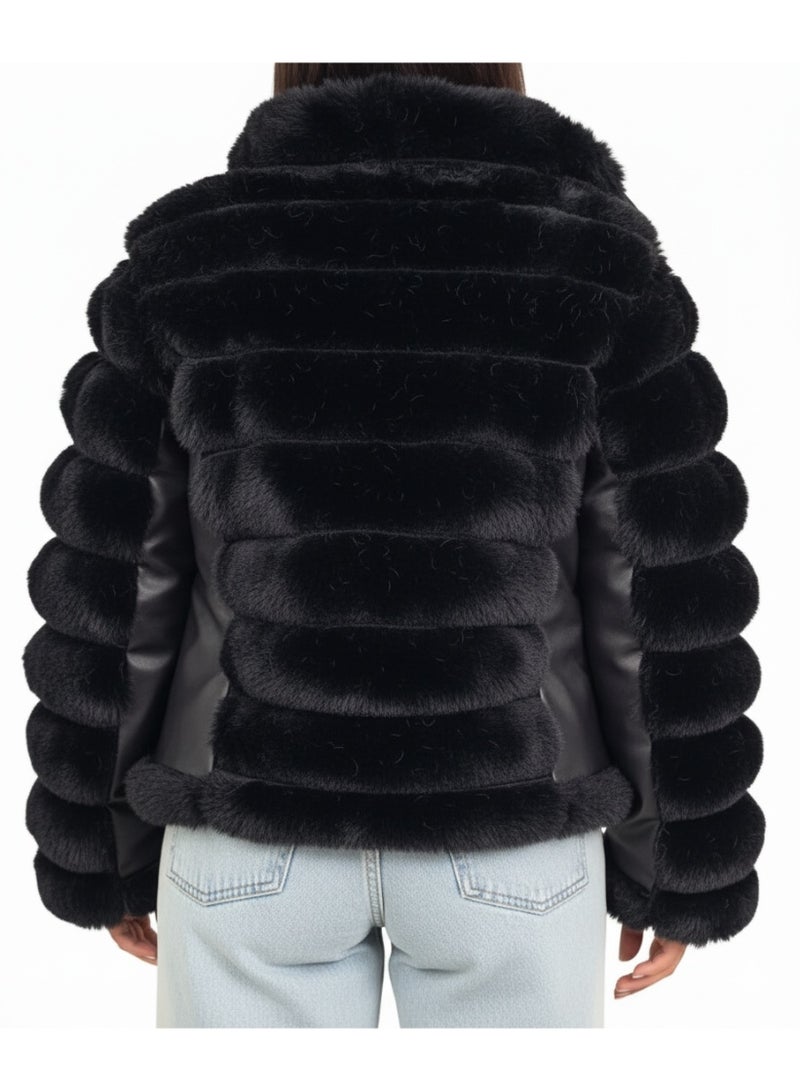 Fur-lined satin jacket with leather trim – Oversized, high-waisted design – High-quality imported material – One size fits up to 80 kg - Image 2