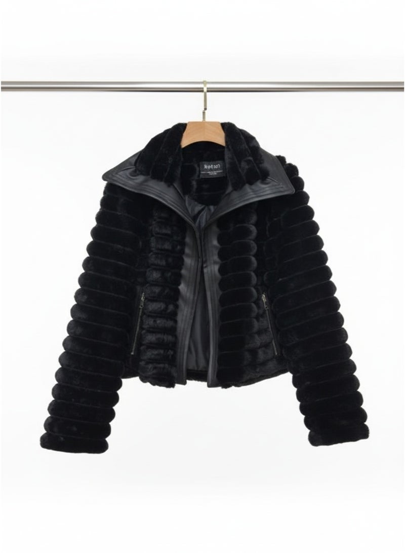 Fur-lined satin jacket with leather trim – Oversized, high-waisted design – High-quality imported material – One size fits up to 80 kg - Image 3