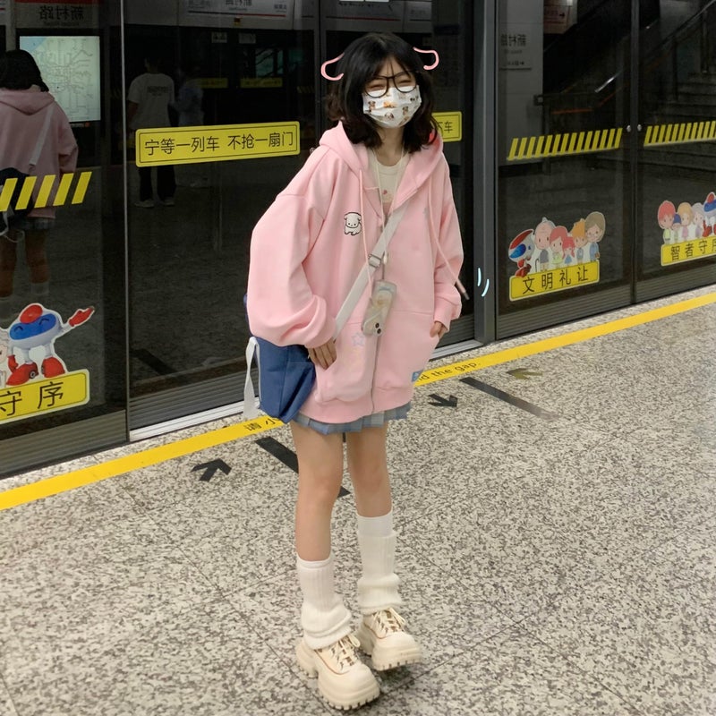 OATSBAS Kawaii Zip Up Hoodie Women Cute Cartoon Embroidery Oversized Pullover Sweatshirt Harajuku Kawaii Hooded Top (Small,Pink-Thick) - Image 5