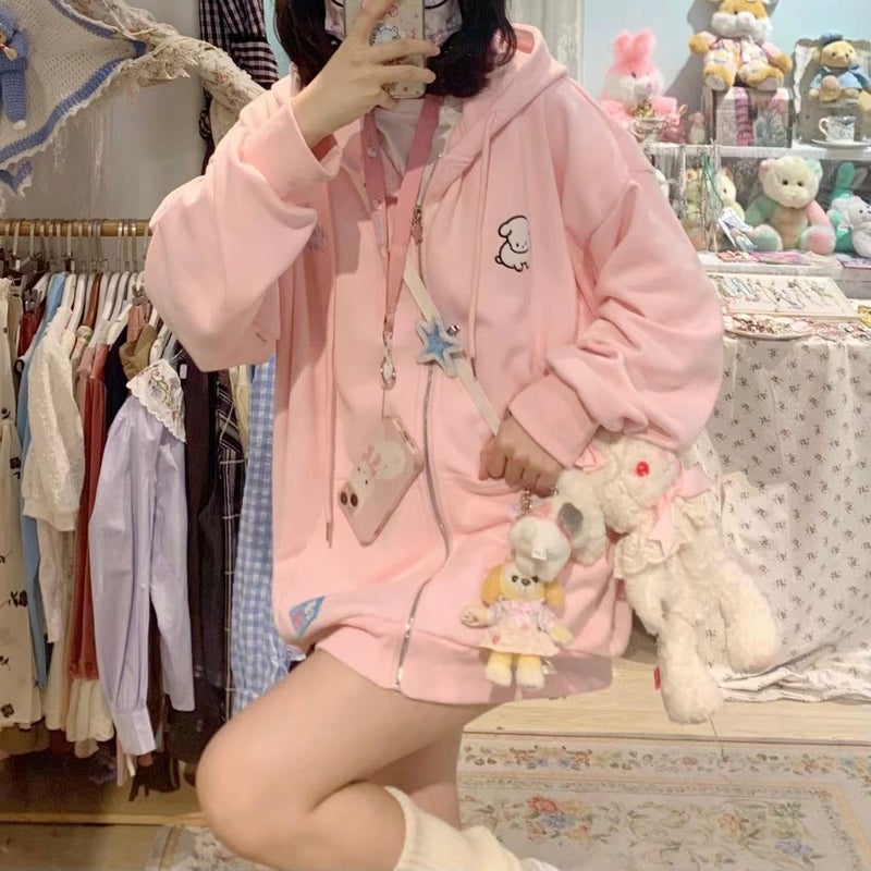 OATSBAS Kawaii Zip Up Hoodie Women Cute Cartoon Embroidery Oversized Pullover Sweatshirt Harajuku Kawaii Hooded Top (Small,Pink-Thick) - Image 3