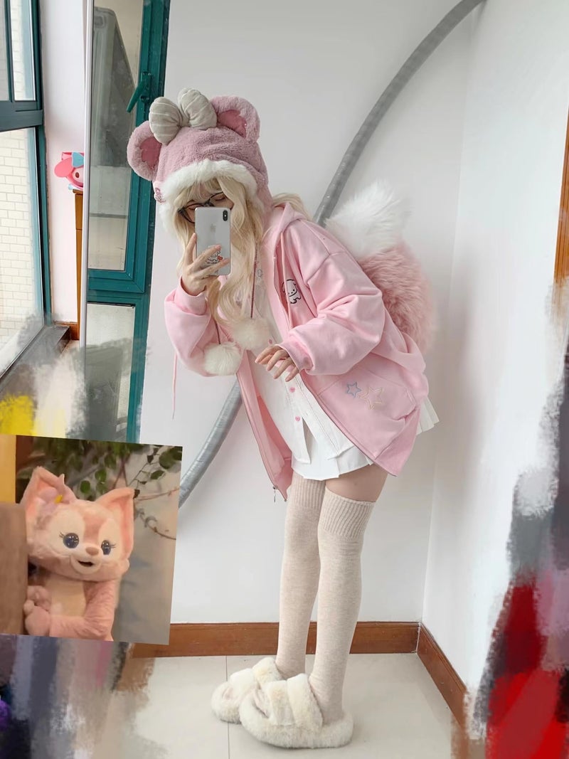 OATSBAS Kawaii Zip Up Hoodie Women Cute Cartoon Embroidery Oversized Pullover Sweatshirt Harajuku Kawaii Hooded Top (Small,Pink-Thick) - Image 4