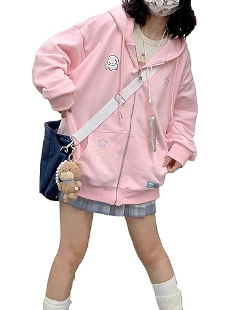 OATSBAS Kawaii Zip Up Hoodie Women Cute Cartoon Embroidery Oversized Pullover Sweatshirt Harajuku Kawaii Hooded Top (Small,Pink-Thick) - Image 1
