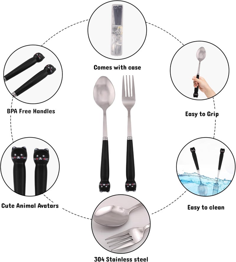 BrainGiggles 4-Piece Stainless Steel BPA Free Kids Cutlery Set with Case – Includes Spoon, Fork and Case for Lunch Box, Picnic and Travel | Children Tableware with Portable Case (Black) - Image 3