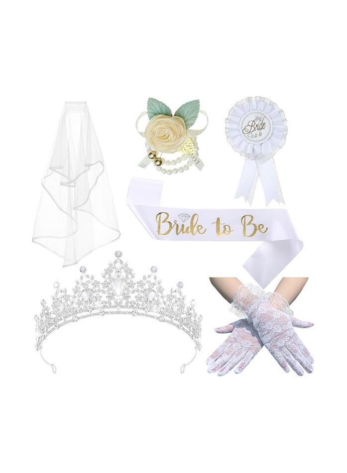 JAYATO 6 piece set Single lady Party Decoration Set Bridal Belt and Veil Bridal Headgear Gloves Crown Bracelet - Image 1