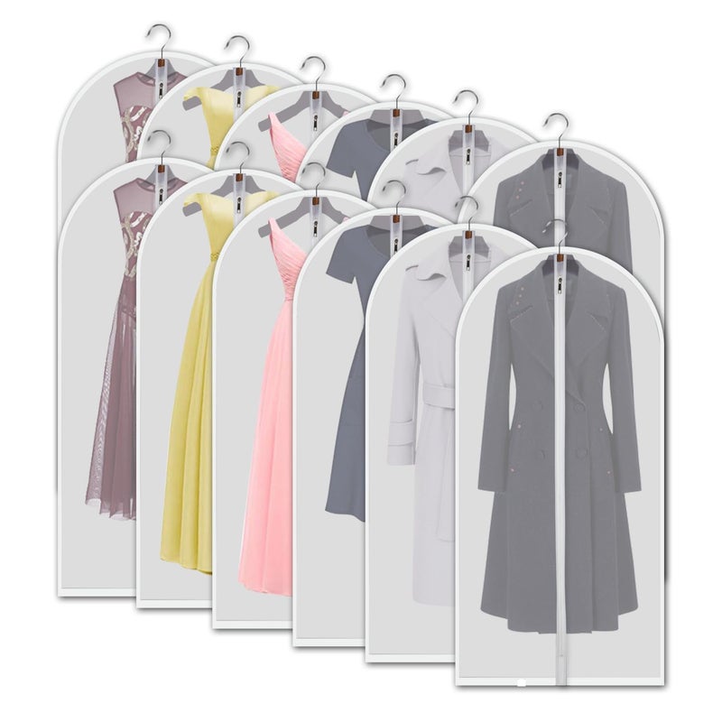 VOSIGREEN Hanging Garment Bags 12 Piece Set  60 Inch Translucent Dust Proof Clothes Bag White Breathable Full Zipper Dust Cover for Suit Dance Costumes Gown Dress