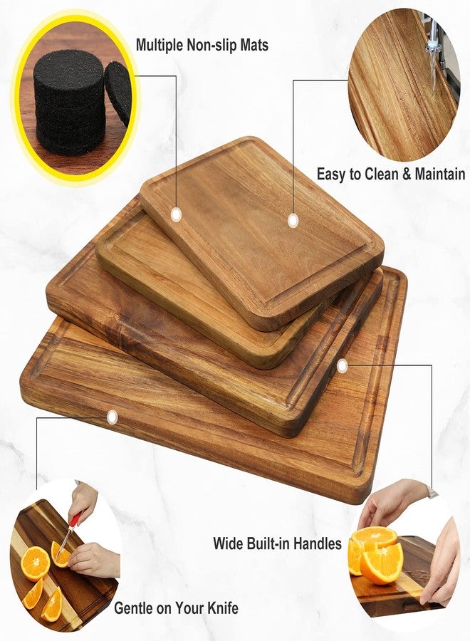 AZRHOM Large Wood Cutting Boards Set of 4 for Kitchen Cheese Charcuterie Board (Gift Box Included) Acacia Butcher Block with Non-slip Mats, Juice Groove and Handles (16x12, 14x10, double 11x8 inch) - Image 4