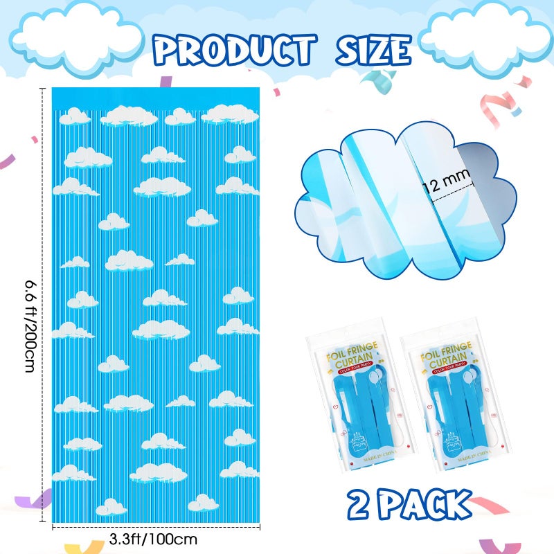 XunYee Blue Sky White Clouds Birthday Party Supplies, Clouds Theme Tinsel Foil Fringe Curtains Toy Party Supplies, Cartoon Story Backdrop for Baby Shower Decorations(3 Pack) - Image 3