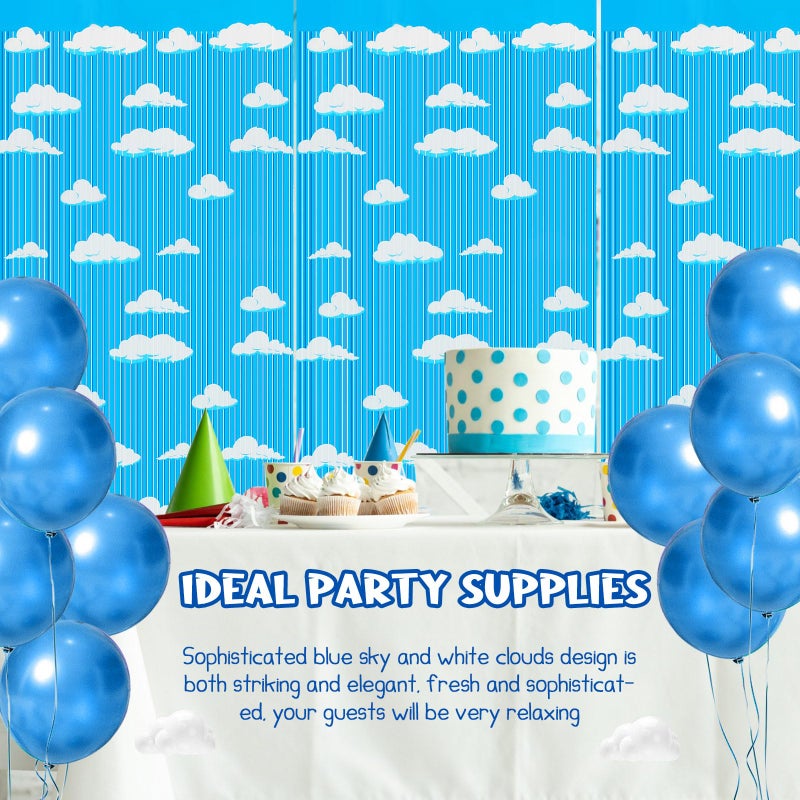 XunYee Blue Sky White Clouds Birthday Party Supplies, Clouds Theme Tinsel Foil Fringe Curtains Toy Party Supplies, Cartoon Story Backdrop for Baby Shower Decorations(3 Pack) - Image 2