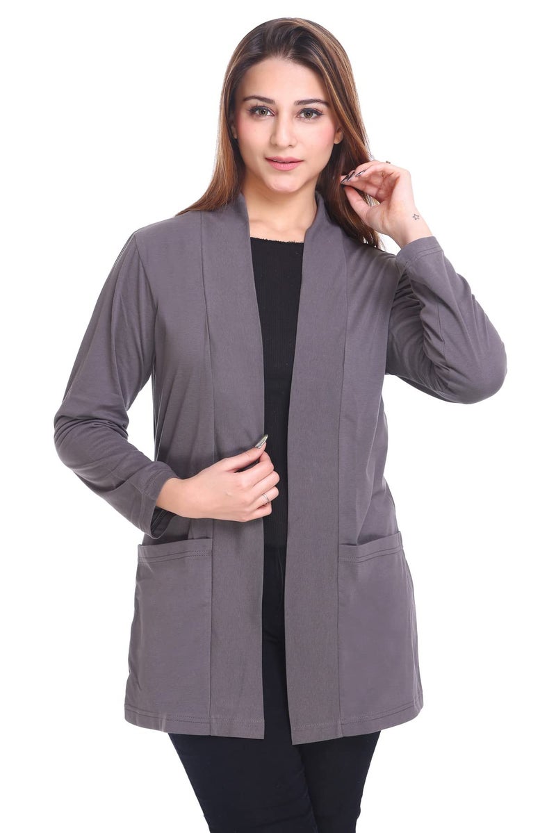 Plush Women's Cotton Waterfall Front Open Regular Mid Length Shurgs | Girls/Ladies Shrug with Front pockets (PWT-15) (Charcoal Grey, X-Large) - Image 1