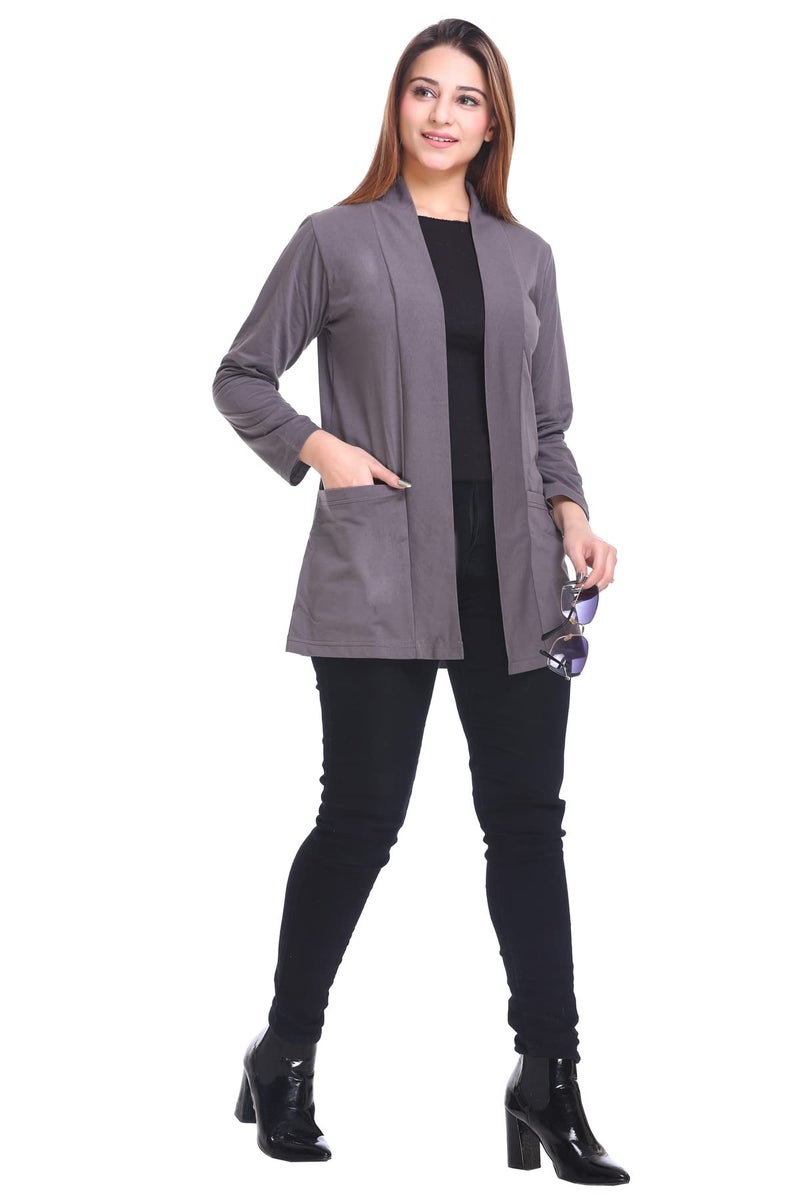 Plush Women's Cotton Waterfall Front Open Regular Mid Length Shurgs | Girls/Ladies Shrug with Front pockets (PWT-15) (Charcoal Grey, X-Large) - Image 2
