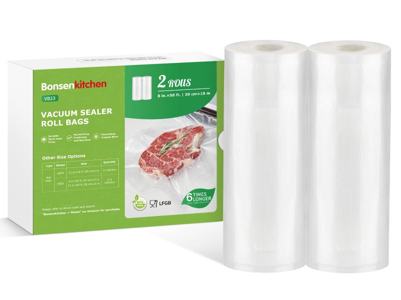 Bonsenkitchen Vacuum Sealer Bags Rolls 8 in x 50 ft Rolls 2 pack Durable Food Sealer Bags Commercial Grade Heavy Duty BPA Free Seal a Meal Great for Food Storage  Sous Vide Cooking VB23