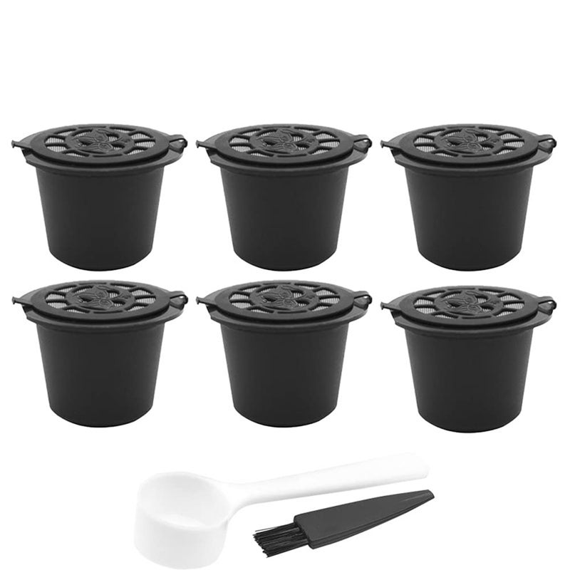 CENPEK Refillable Capsules pod for Compatible with Nespresso 6 Pack Reusable Coffee Capsules Pods for Nespresso with Coffee Spoon with Brush for Nespresso Machines Filter Black