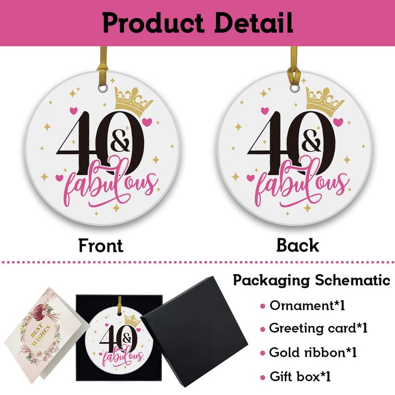 REWIDPARTY Fabulous 40th Birthday Ornaments Gifts Keepsake Sign Round Plaque Happy for 40 Years Birthday Gifts Idea Christmas Decoration 3"" Circle Ceramic Ornament with Gold Ribbon & Gift Box - Image 2