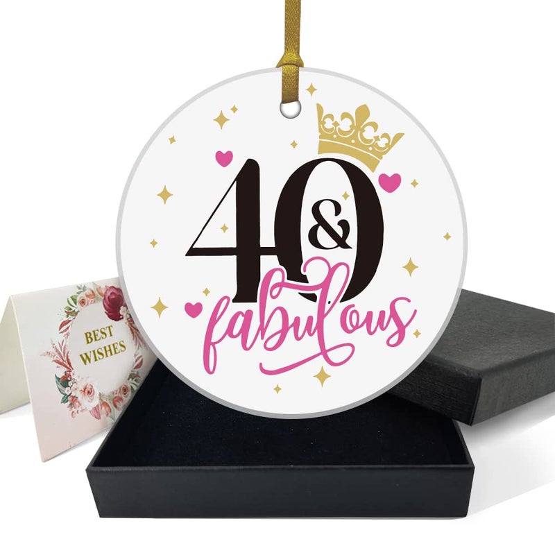 REWIDPARTY Fabulous 40th Birthday Ornaments Gifts Keepsake Sign Round Plaque Happy for 40 Years Birthday Gifts Idea Christmas Decoration 3"" Circle Ceramic Ornament with Gold Ribbon & Gift Box - Image 1