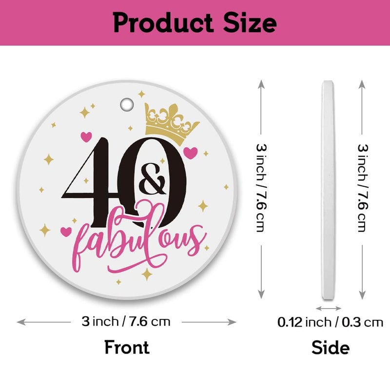 REWIDPARTY Fabulous 40th Birthday Ornaments Gifts Keepsake Sign Round Plaque Happy for 40 Years Birthday Gifts Idea Christmas Decoration 3"" Circle Ceramic Ornament with Gold Ribbon & Gift Box - Image 3