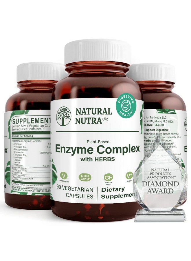 Natural Nutra Plant Based Digestive Enzyme Complex With Herbs Prevents Stomach Bloating Amylase Bromelain Lipase Protease Lactase 90 Vegan Capsules - Image 1