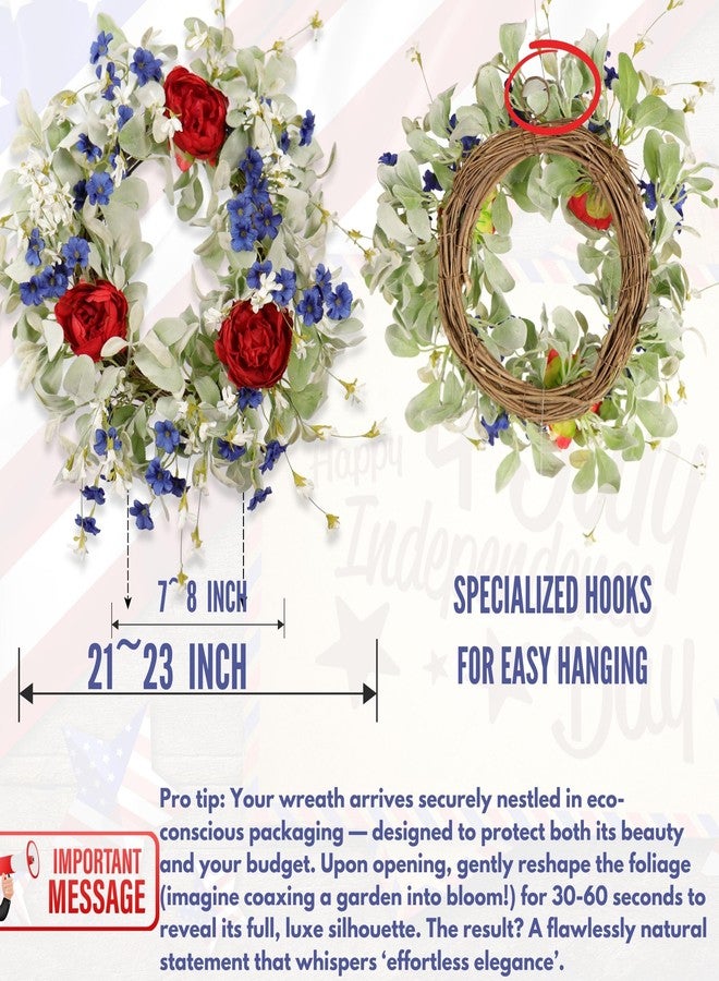 Quixem Memorial Day Patriotic Americana Wreath 22 Inch with Peony - Red White Blue Floral Grapevine Wreath for Front Door, Independence Day Home Décor - Image 5