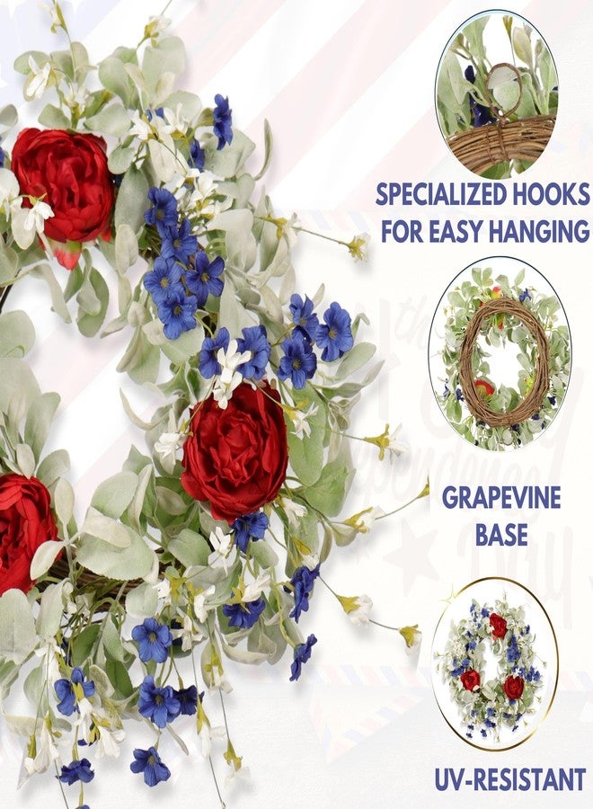 Quixem Memorial Day Patriotic Americana Wreath 22 Inch with Peony - Red White Blue Floral Grapevine Wreath for Front Door, Independence Day Home Décor - Image 4
