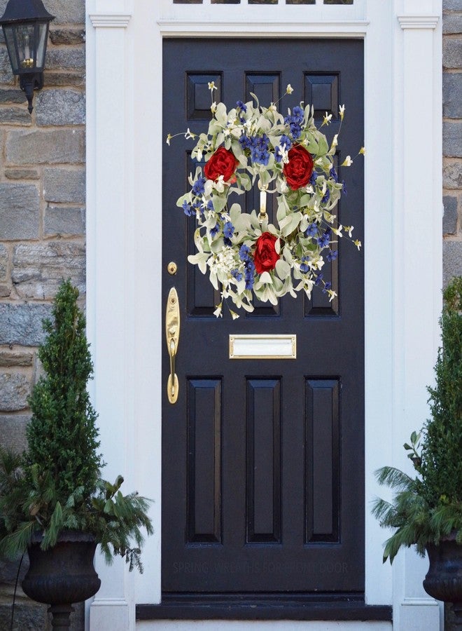 Quixem Memorial Day Patriotic Americana Wreath 22 Inch with Peony - Red White Blue Floral Grapevine Wreath for Front Door, Independence Day Home Décor - Image 2
