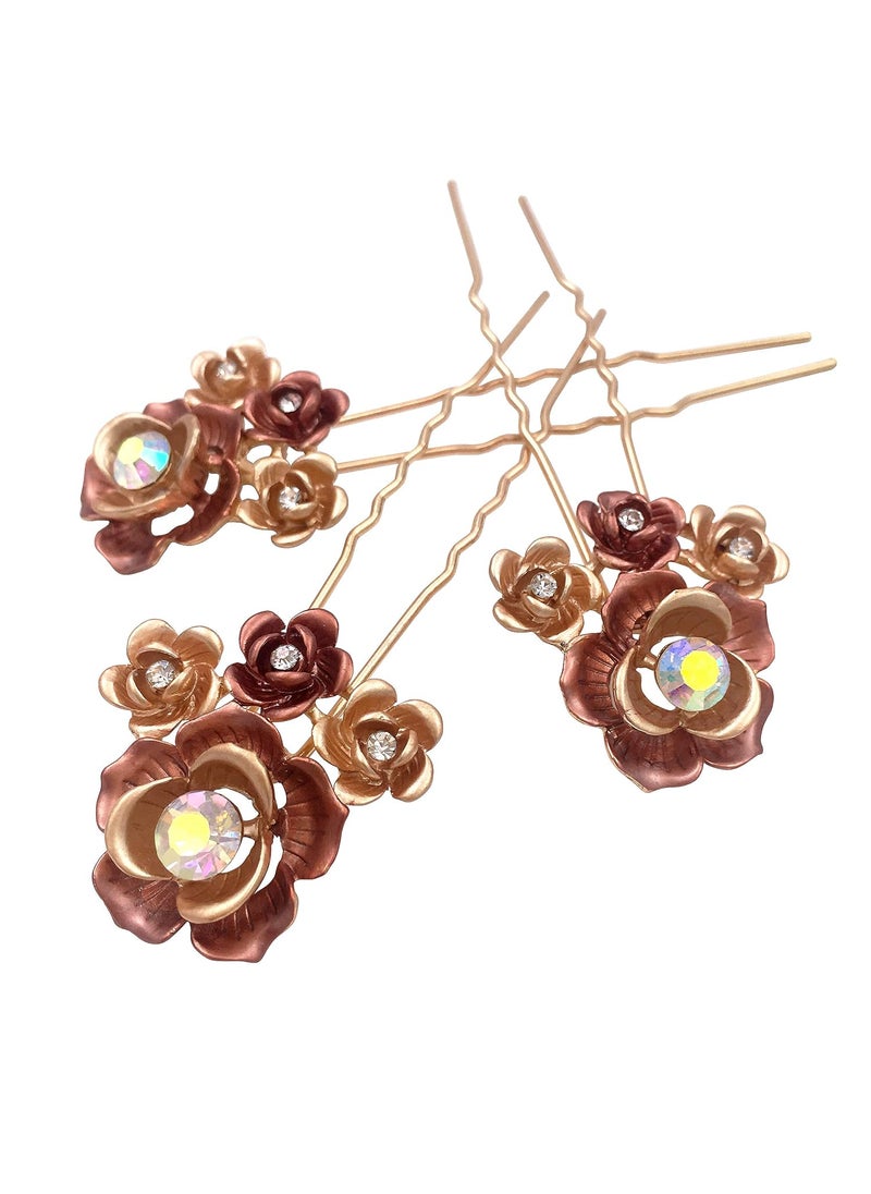 Lizzie Kay - 3PCS Romantic Rose Flower Gold Hair Styling Pins Accessories for Bun Updo Women Wedding Bridal - Image 1