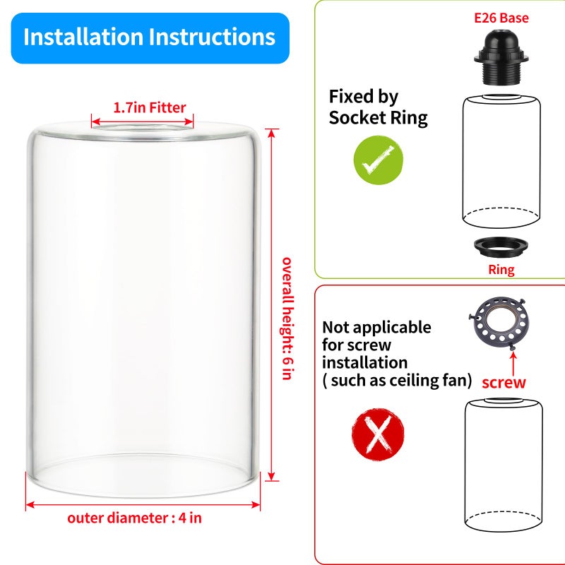 Skelang Clear Lip-less Glass Lamp Shade, Cylindrical Light Cover with Fitter Opening, Replacement for Chandelier, Bathroom Vanity Light, Pendant, 4 Pcs - Image 4