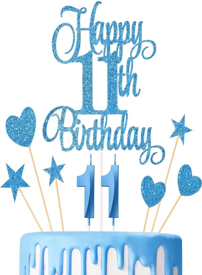 Lecferrarc 11th Birthday Cake Decorations, 11th Birthday Candles Cake Numeral Candles and Glitter Happy 11th Birthday Cake Toppers Set for Birthday Party Supplies (Blue) - Image 1