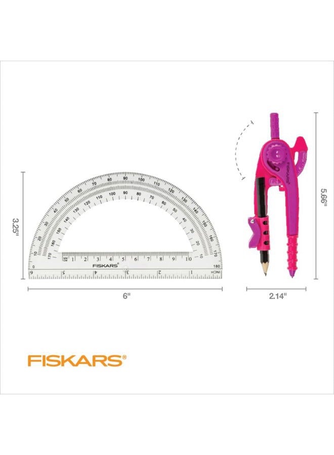 Fiskars Plastic Compass and Protractor Set - Math Geometry Set for Kids 8+ - Back to School Supplies - Includes Pencil - Color May Vary - Image 2