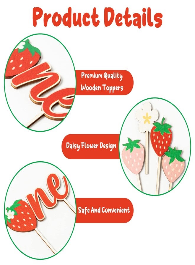 BkeeCten first Birthday Cupcake Topper - 5 Pcs Cute Daisy Strawberry Shortcake Wooden ONE Cake Topper Kids' One Year Old Berry first Happy Birthday Party Cake Dessert Decorations Supplies Baby Shower - Image 4