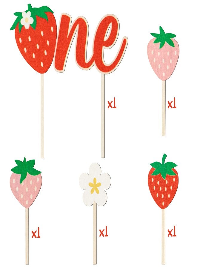 BkeeCten first Birthday Cupcake Topper - 5 Pcs Cute Daisy Strawberry Shortcake Wooden ONE Cake Topper Kids' One Year Old Berry first Happy Birthday Party Cake Dessert Decorations Supplies Baby Shower - Image 3
