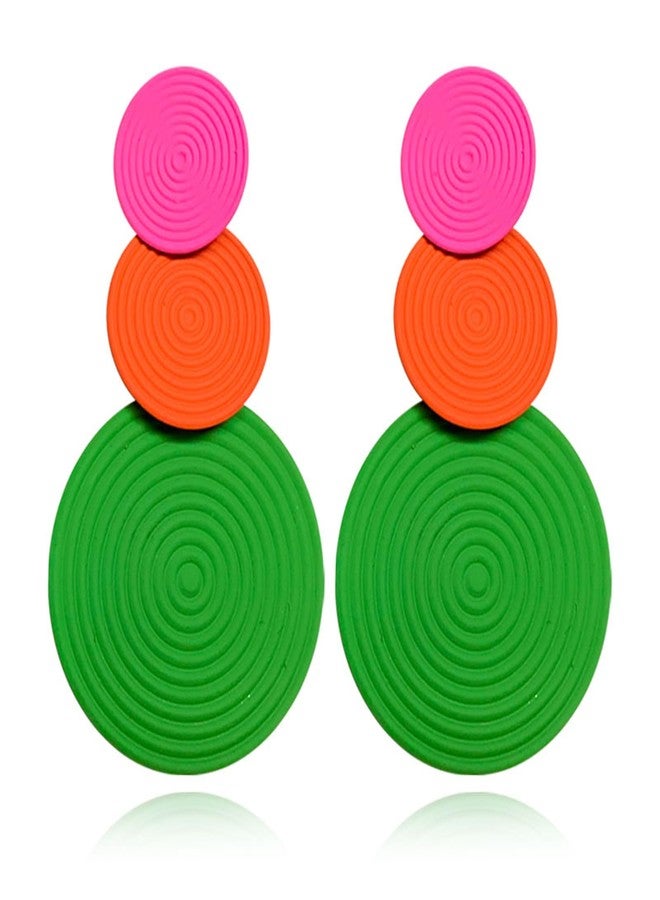 WCRAZYE Retro 80s Neon Earrings Round Disc Dangle Drop Earrings for Women Lightweight Bohemia Statement Geometric Round Earring Fashion Accessories 80s Jewelry Costume Party (Green Pink) - Image 1