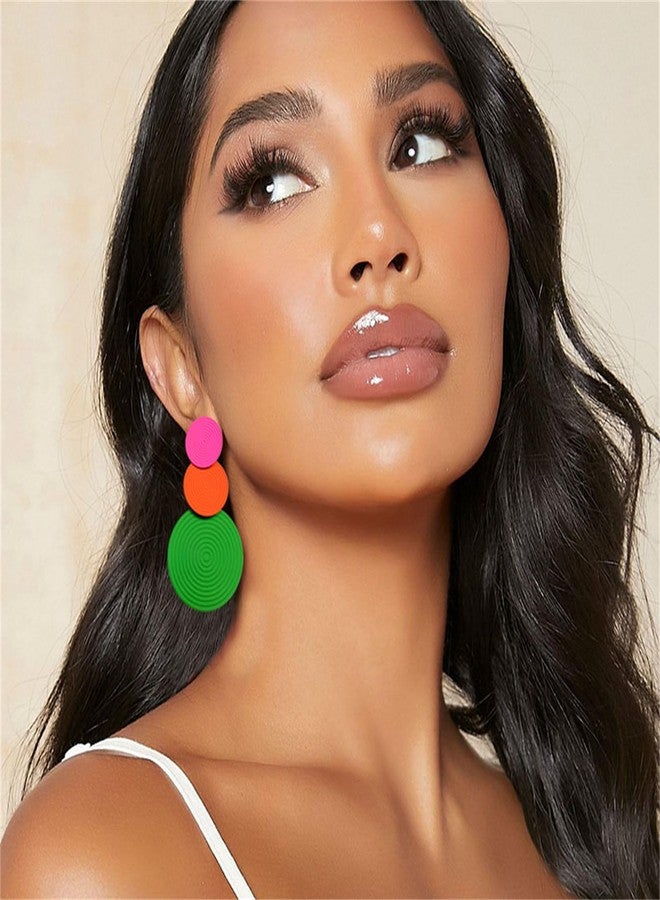 WCRAZYE Retro 80s Neon Earrings Round Disc Dangle Drop Earrings for Women Lightweight Bohemia Statement Geometric Round Earring Fashion Accessories 80s Jewelry Costume Party (Green Pink) - Image 2