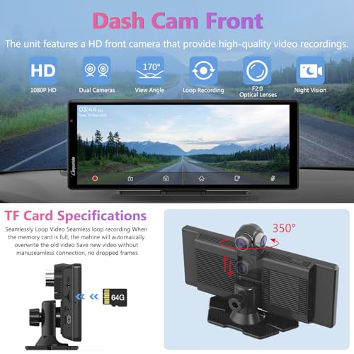 Carpuride 2025 CARPURIDE W903 Portable Carplay & Android Auto with Dash Cam - 9.3" HD IPS Screen, 4K Front &1080P Rear Cam, Loop Recording, Bluetooth, Mirror Link, GPS, Siri, Dashboard Mounted - Image 5