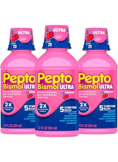 Pepto Bismol Liquid Ultra For Nausea, Heartburn, Indigestion, Upset Stomach, and Diarrhea - 5 Symptom Fast Relief, Cherry Flavor 12 Oz, Pack of 3  - Image 1