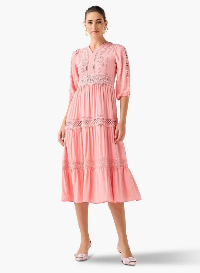 2Xtremz 2Xtremz Lace Insert Midi Dress with 3/4 Sleeves
