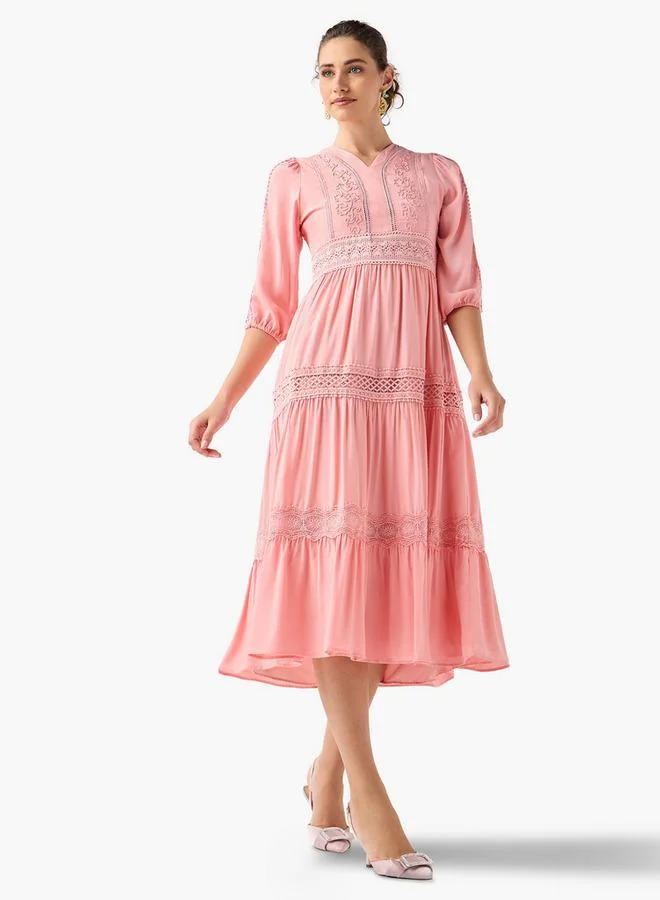 2Xtremz 2Xtremz Lace Insert Midi Dress with 3/4 Sleeves