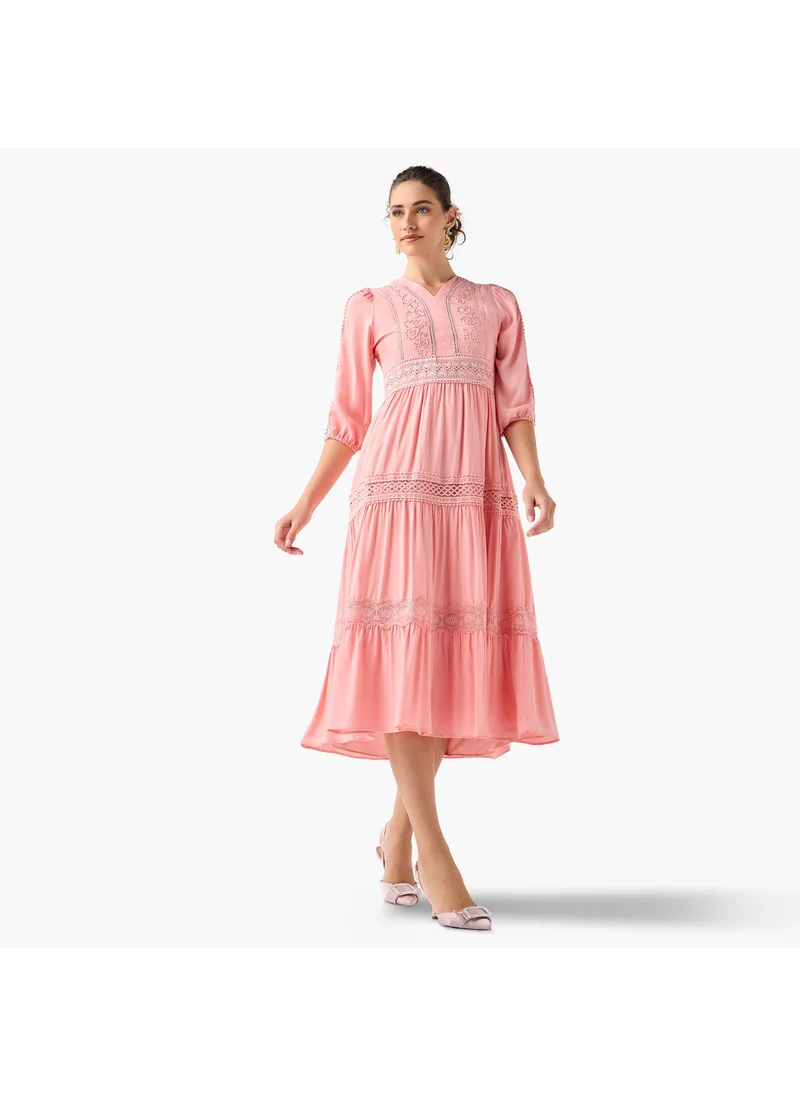 2Xtremz 2Xtremz Lace Insert Midi Dress with 3/4 Sleeves