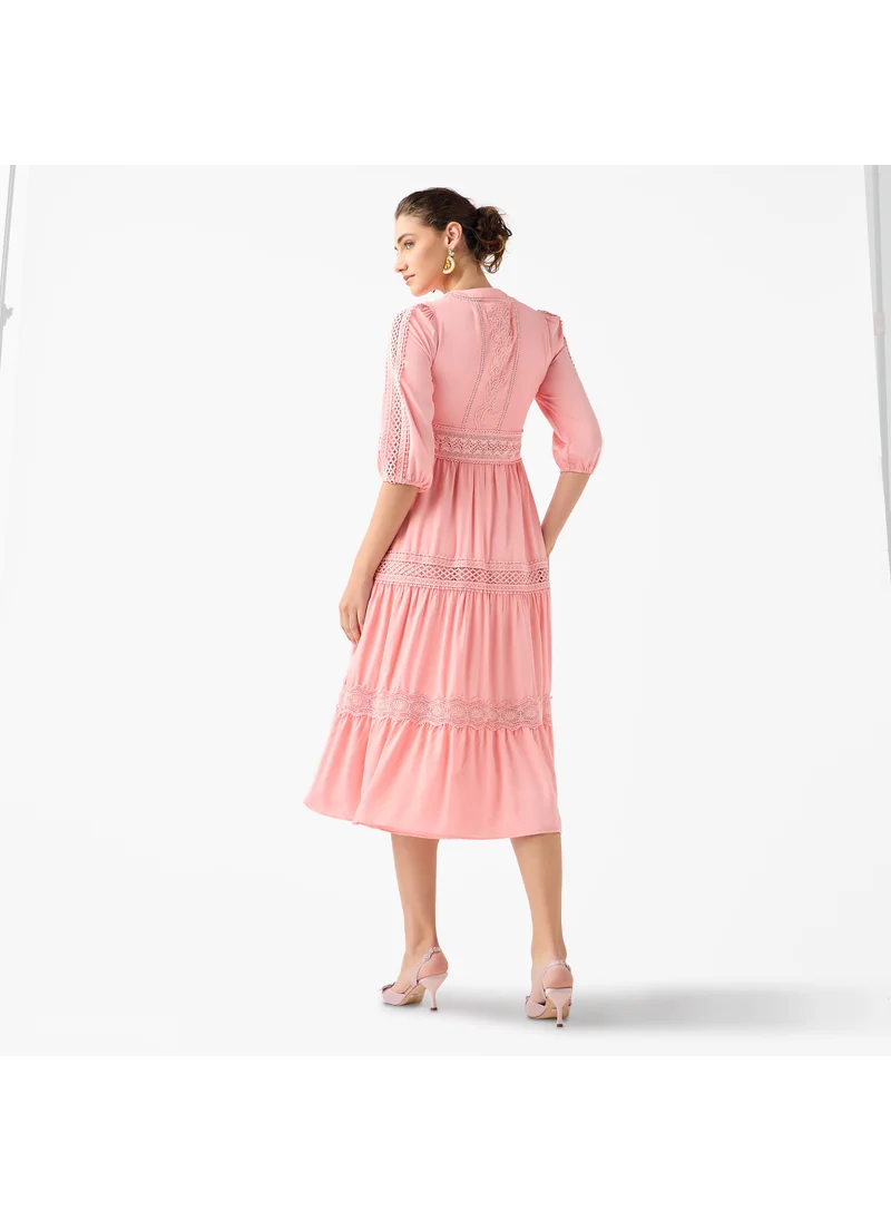 2Xtremz 2Xtremz Lace Insert Midi Dress with 3/4 Sleeves