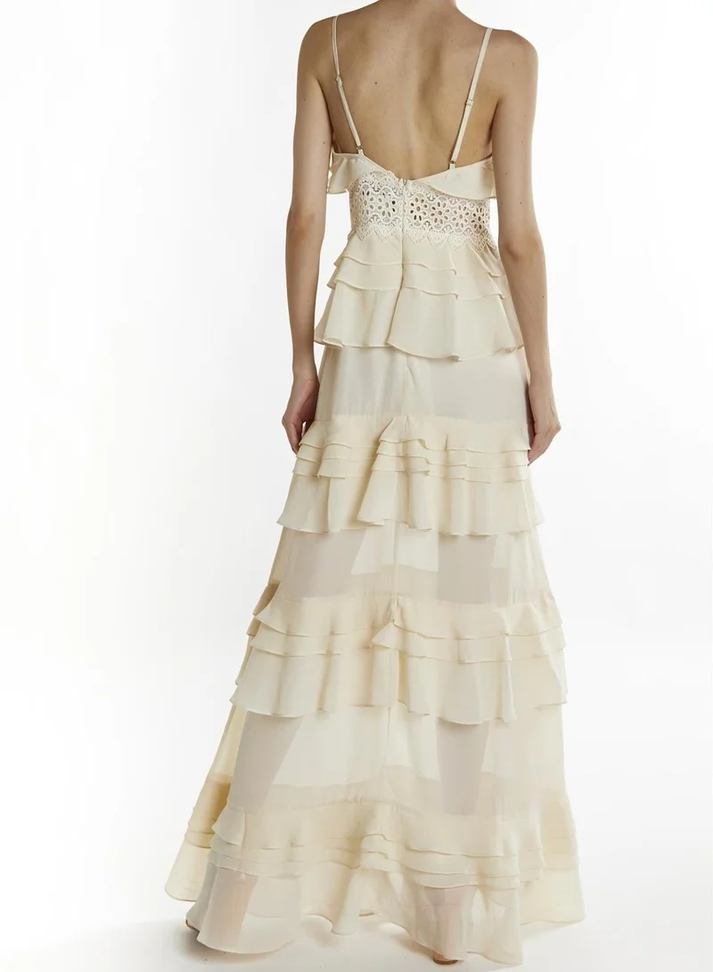 ترو ديكادينس Cream Sophia Plunge Front Tiered Ruffle Maxi-Dress
