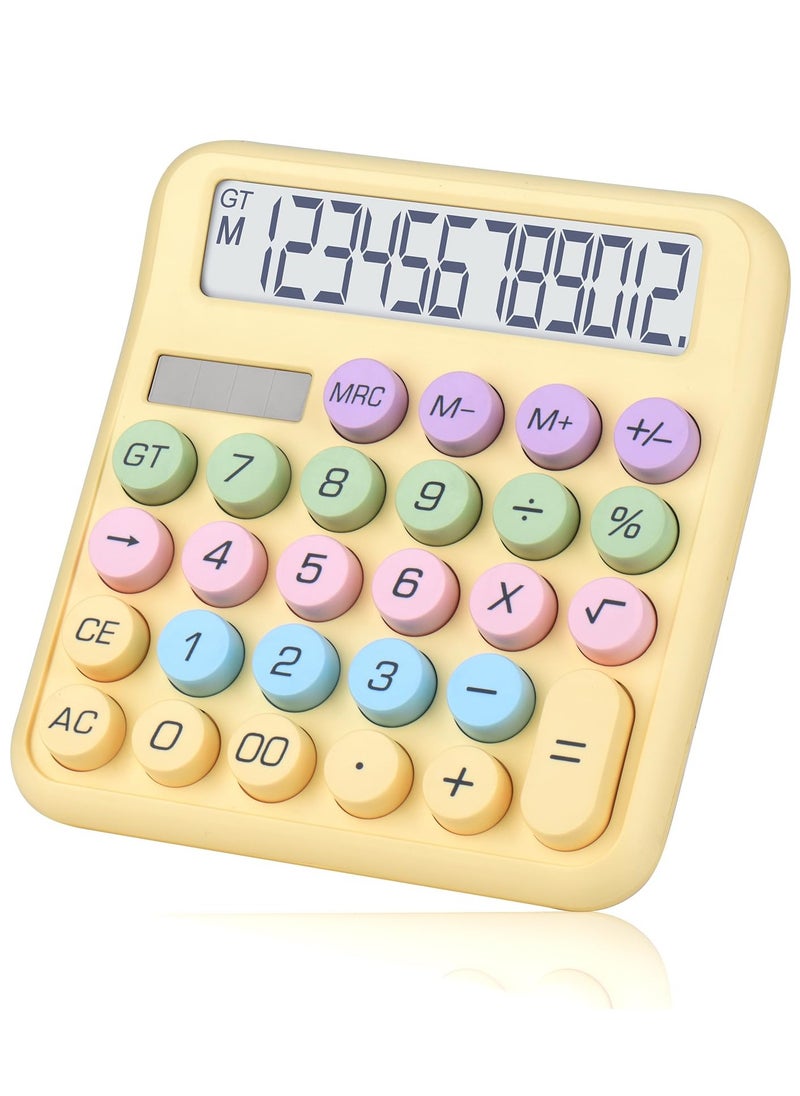 Excefore - Mechanical Desktop Calculator, Cute Calculator, 12 Digit, Dual Solar Power and Battery, Large LCD Display, Big Buttons for Home, Office, School, and Business (Yellow) - Image 1