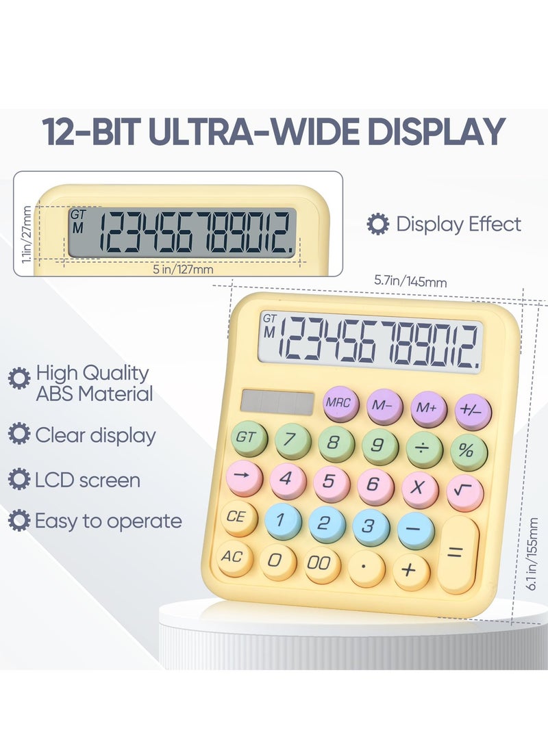 Excefore - Mechanical Desktop Calculator, Cute Calculator, 12 Digit, Dual Solar Power and Battery, Large LCD Display, Big Buttons for Home, Office, School, and Business (Yellow) - Image 1