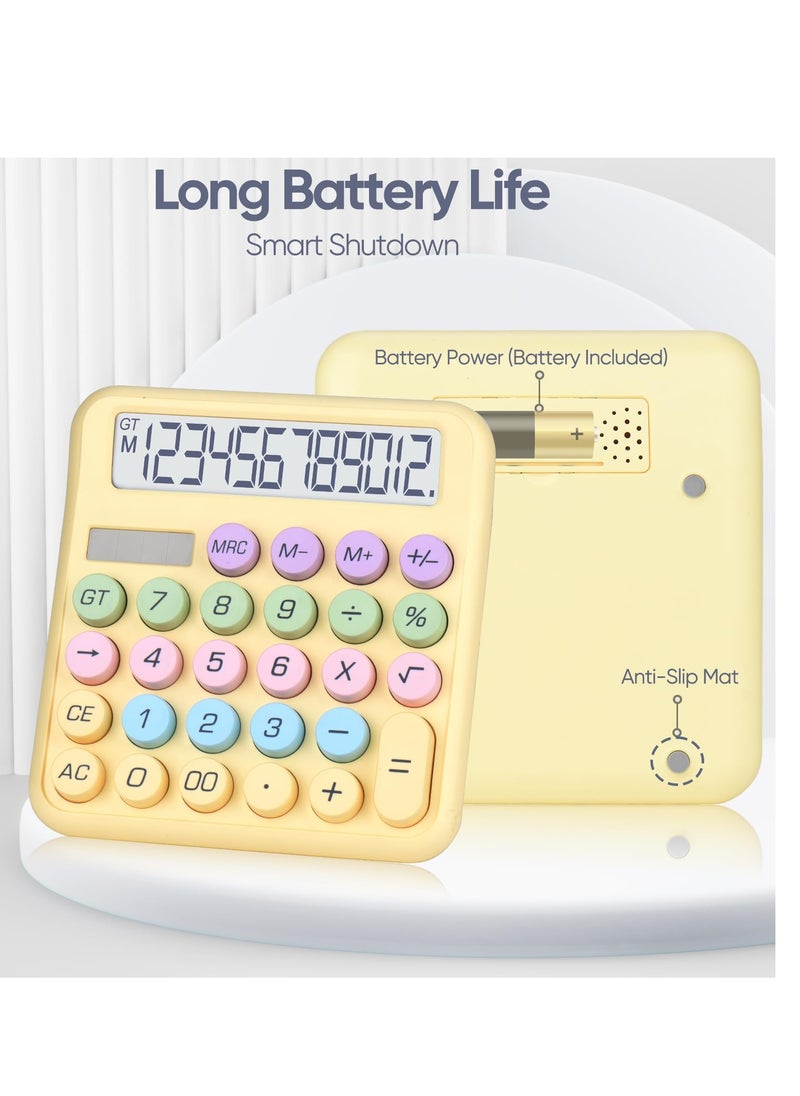 Excefore - Mechanical Desktop Calculator, Cute Calculator, 12 Digit, Dual Solar Power and Battery, Large LCD Display, Big Buttons for Home, Office, School, and Business (Yellow) - Image 1