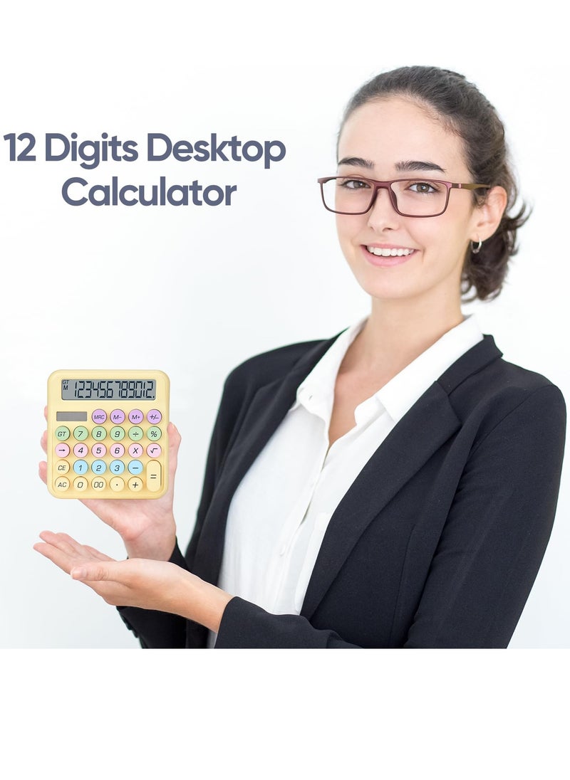 Excefore - Mechanical Desktop Calculator, Cute Calculator, 12 Digit, Dual Solar Power and Battery, Large LCD Display, Big Buttons for Home, Office, School, and Business (Yellow) - Image 1